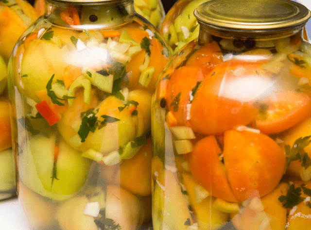 Sliced ​​marinated green tomatoes with hot peppers