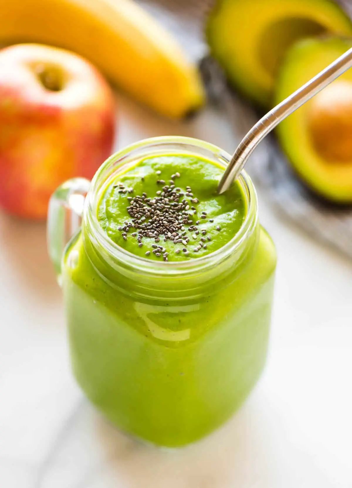 Smoothie with avocado and banana, apple, spinach,