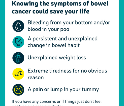 The doctor had bowel cancer. It tells you what the symptoms are and what to do after each visit to the toilet