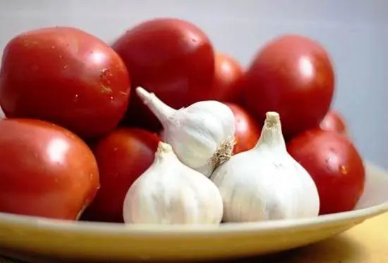 Tomatoes in the snow with garlic