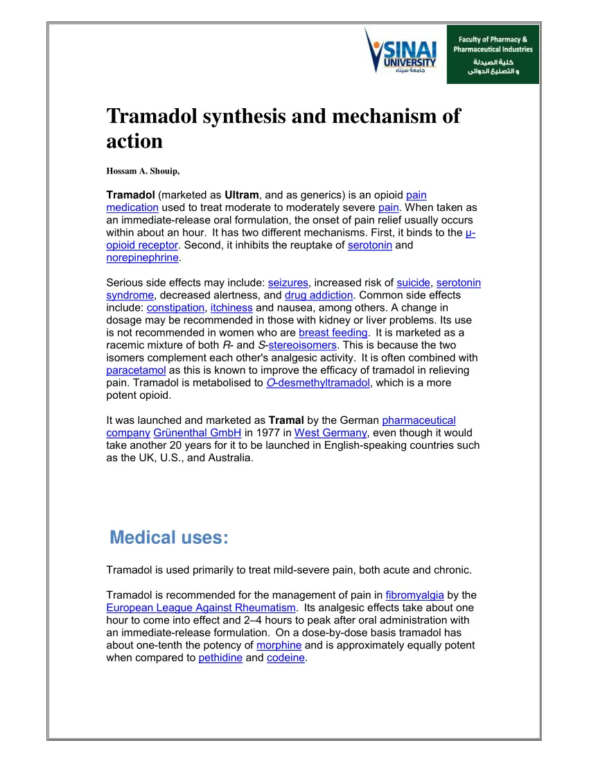 Tramadol Synthesis &#8211; indications, action