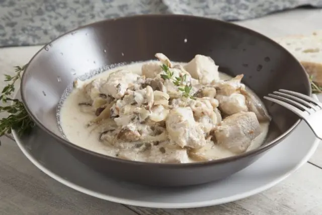 Turkey with oyster mushrooms: in sour cream, cream sauce