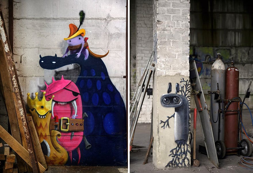 An artist draws monsters on the walls of abandoned buildings in Berlin