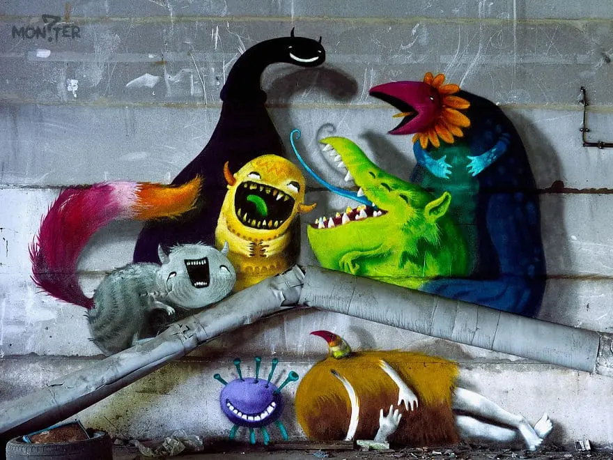 An artist draws monsters on the walls of abandoned buildings in Berlin