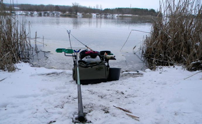 Catching on a feeder in winter on a river and a pond with open water