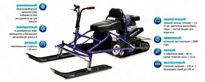 Mini snowmobile Husky: specifications, advantages and disadvantages