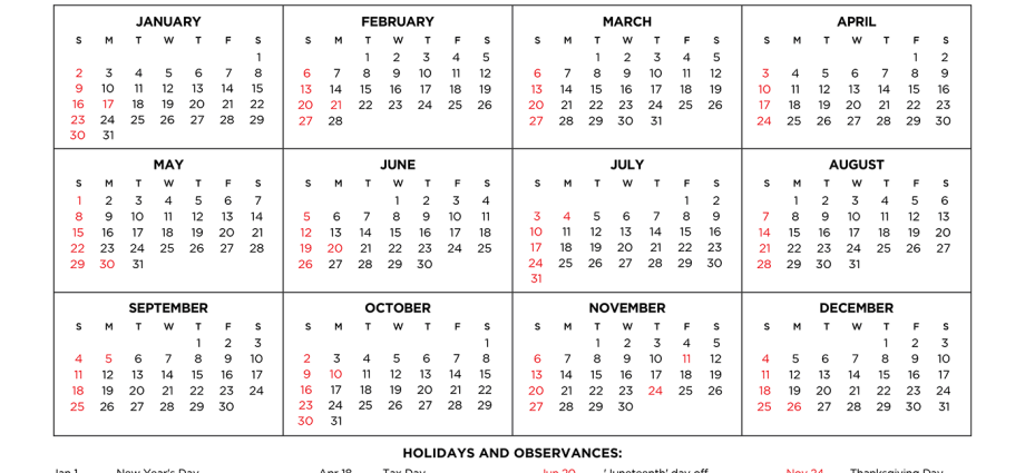 Calendar for 2022 with holidays and days off