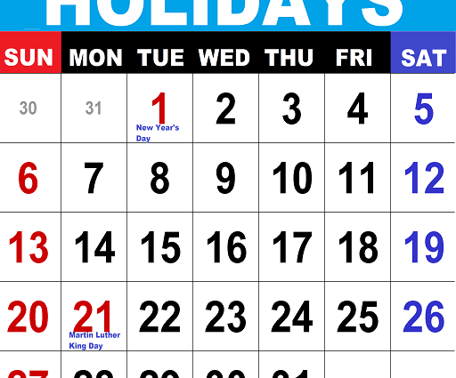 Calendar with holidays and weekends