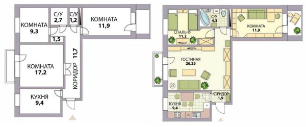 Options for redevelopment of apartments (20 pcs): 1,2,3,4 rooms