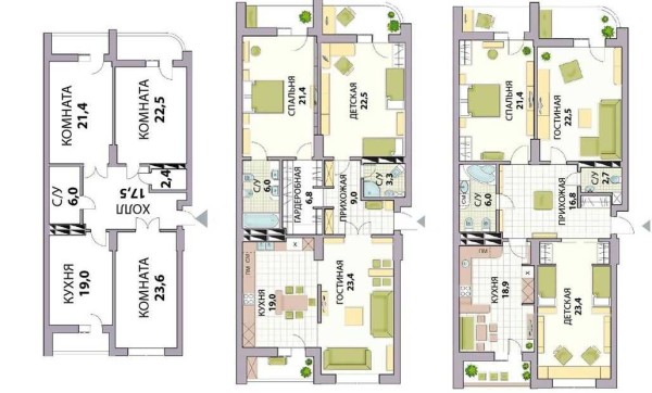 Options for redevelopment of apartments (20 pcs): 1,2,3,4 rooms