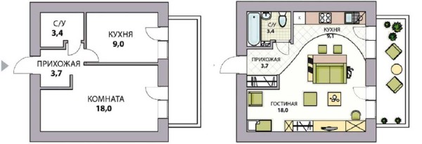 Options for redevelopment of apartments (20 pcs): 1,2,3,4 rooms