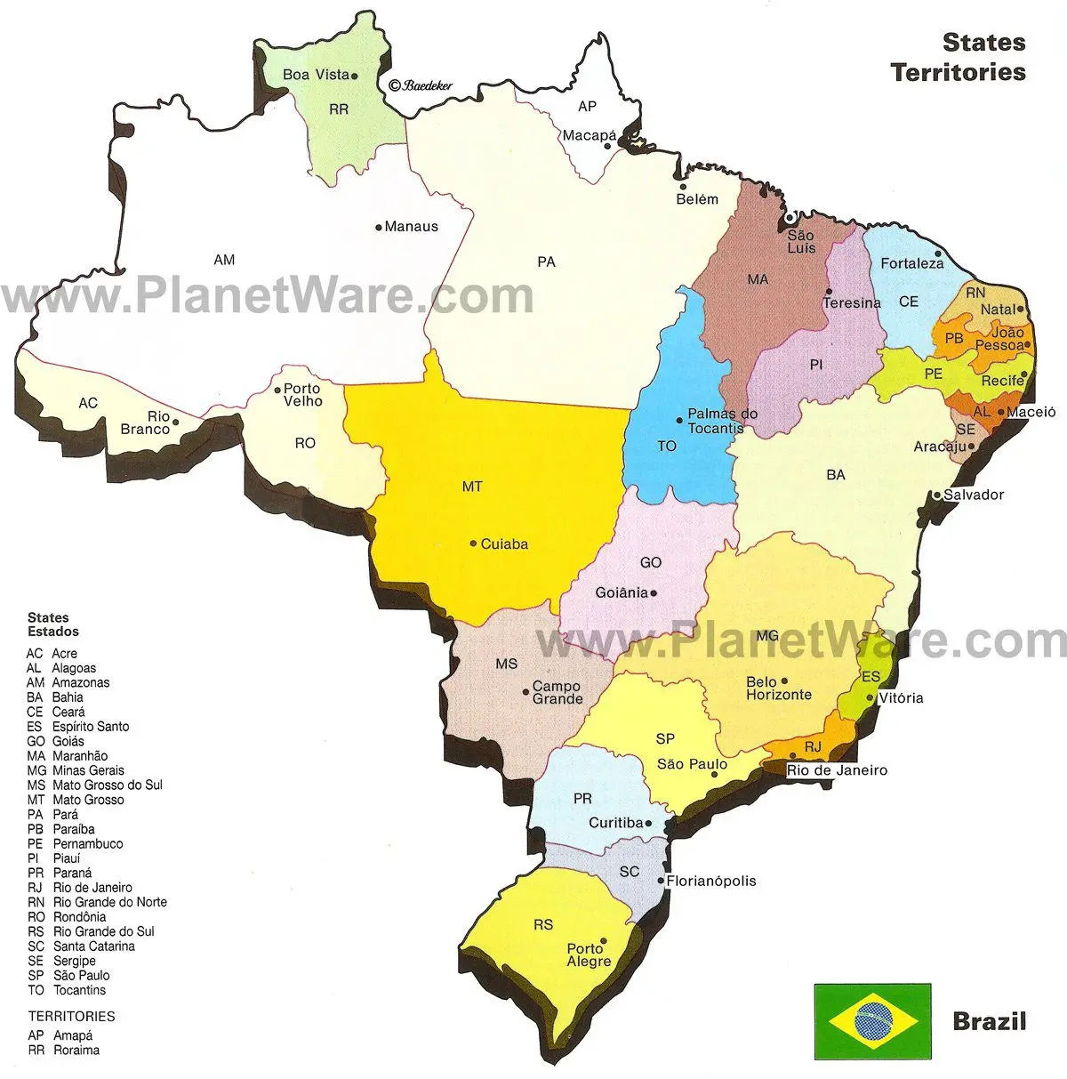 Brazil States & Major Citites Map