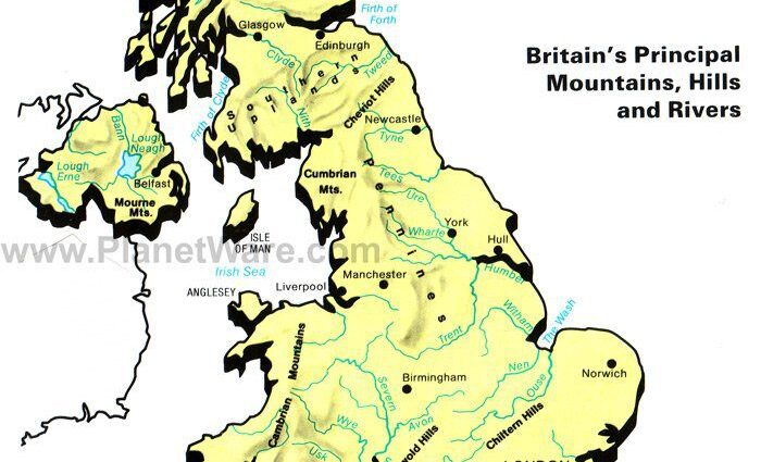 Britain&#8217;s Principal Mountains, Hills and Rivers Map