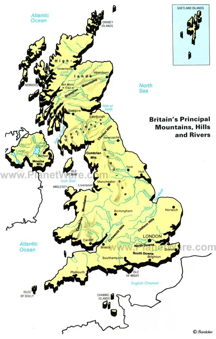 Britains Principal Mountains, Hills and Rivers Map