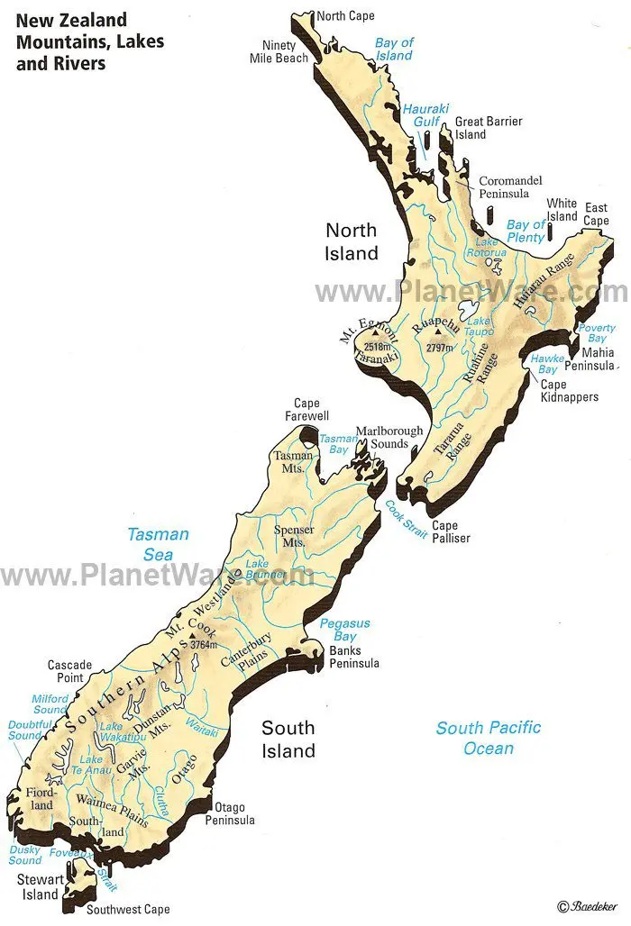 New Zealand - Mountains, Lakes & Rivers Map