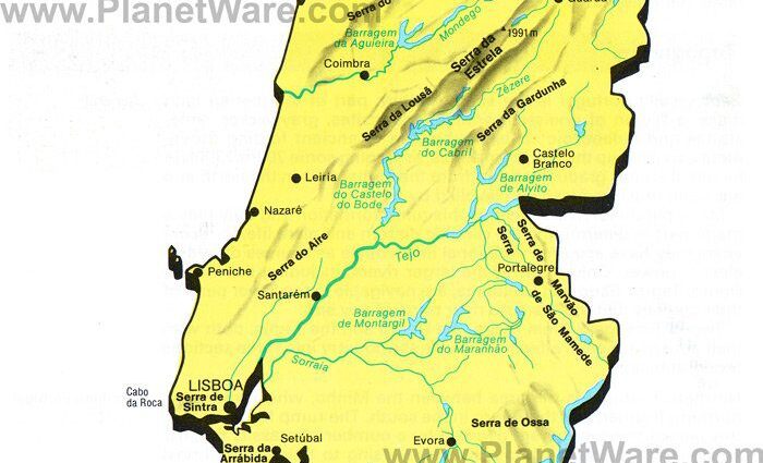 Portugal &#8211; Major rivers, lakes and Montains Map