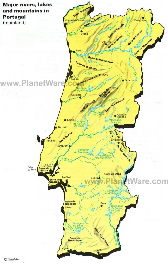 Portugal - Major rivers, lakes and Montains Map