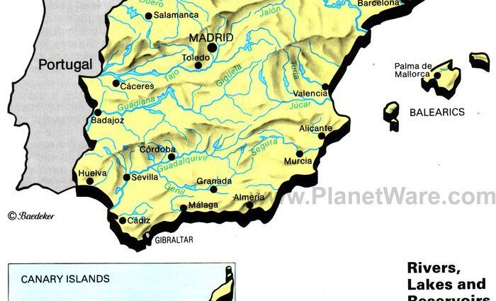 Rivers Lakes and Resevoirs in Spain Map