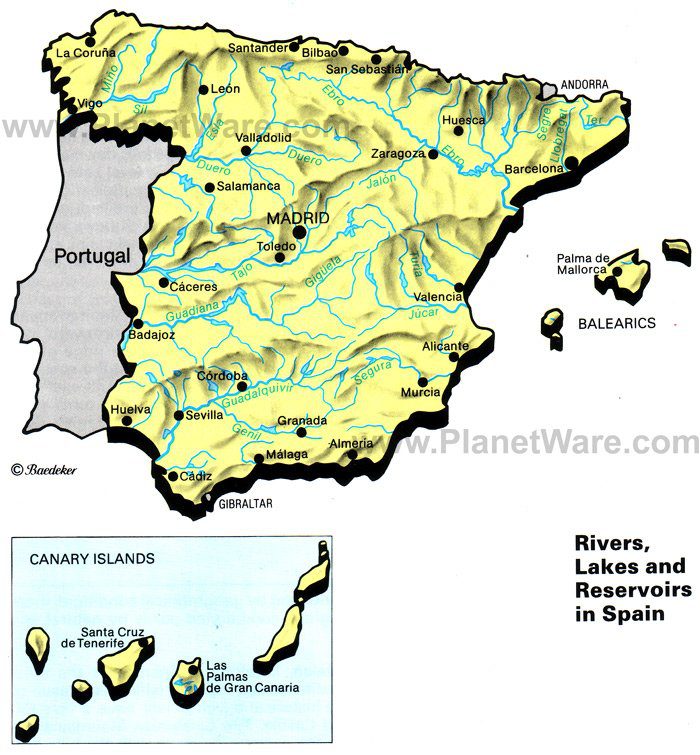 Rivers Lakes and Resevoirs in Spain Map