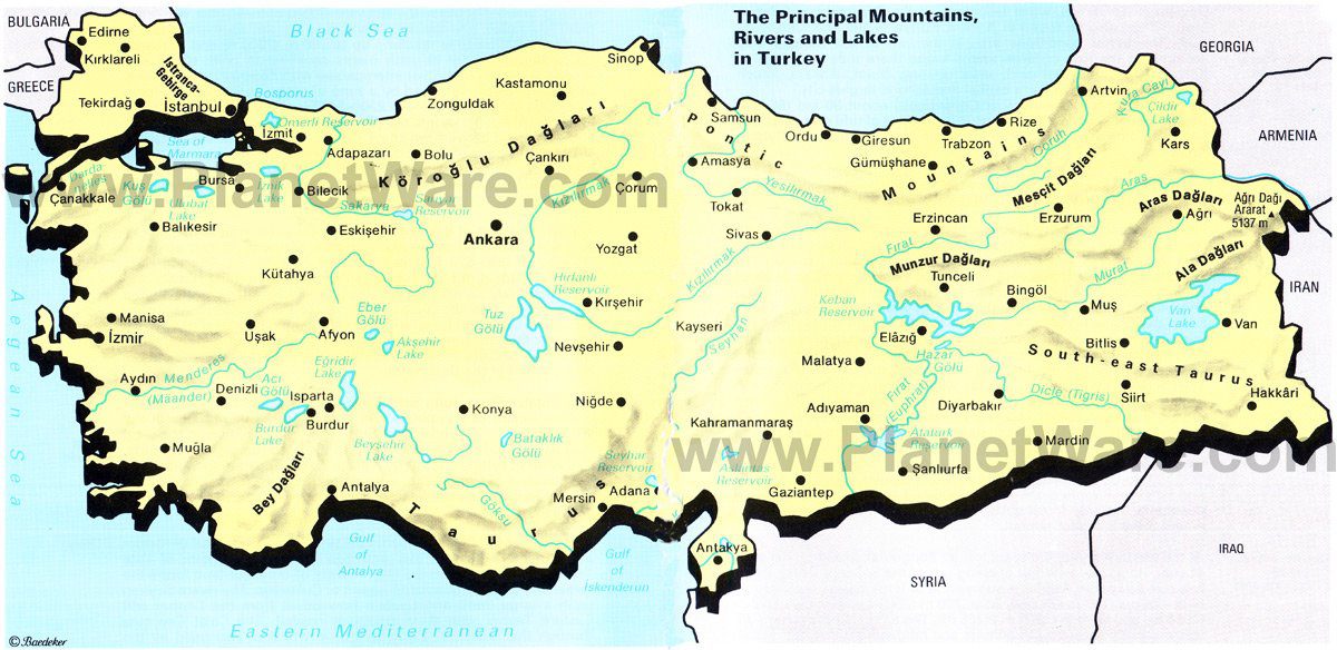 The Principal Mountains, Rivers and Lakes in Turkey Map